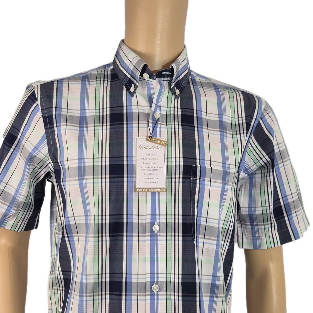Roundtree & Yorke Gold Label Men's Shirt Size XXL Plaid Short Sleeve Slim Fit 57